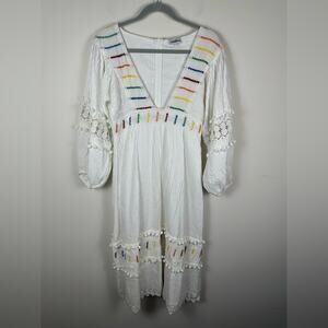 Place Nationale Deep V-Neck Rainbow Dress with Pom Pom Trim Eyelet EUC Size 3
